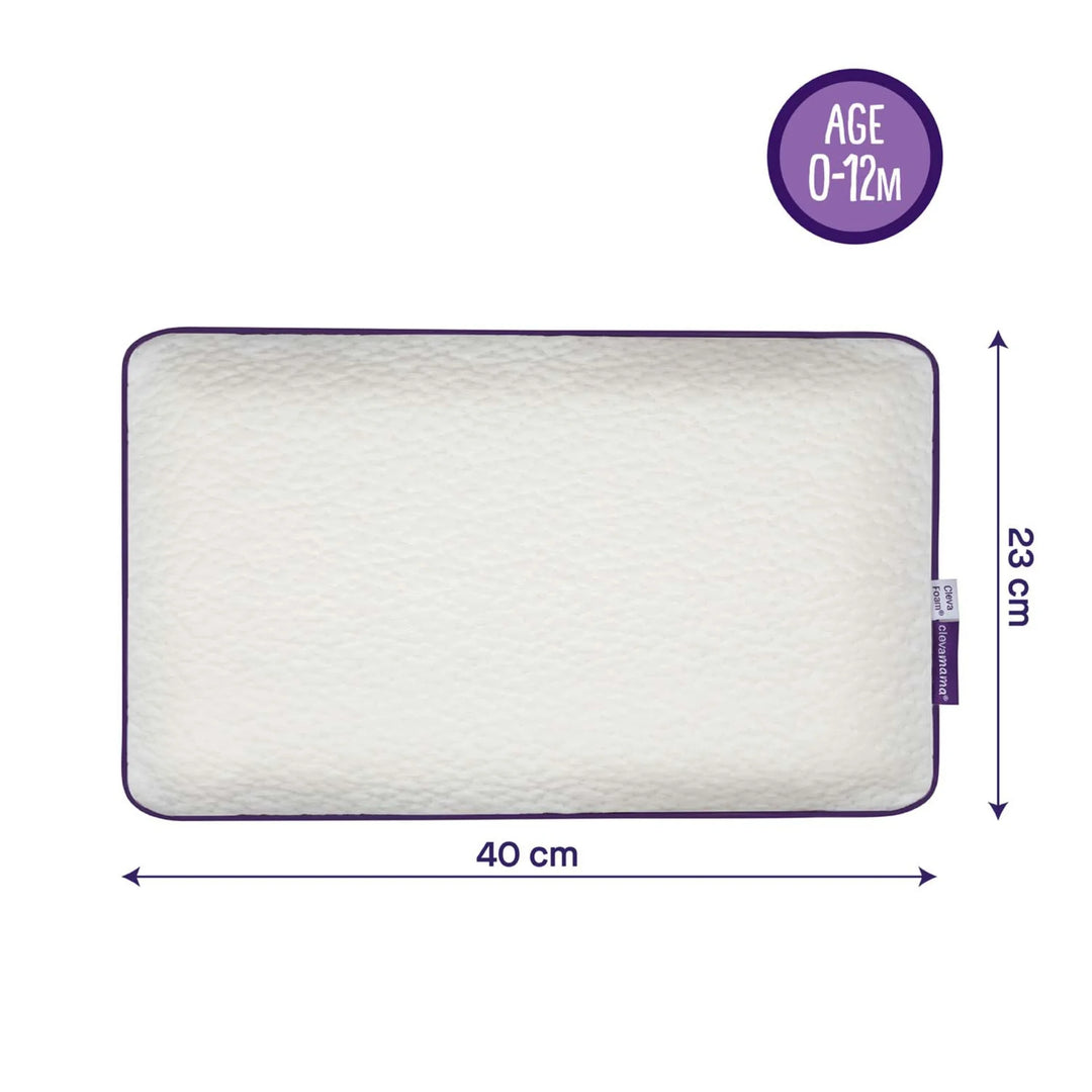 ClevaMama ClevaFoam Baby Pillow dimensions — 40 cm x 23 cm ergonomic memory foam baby pillow suitable for ages 0 to 12 months, designed for head and neck support, breathable and hypoallergenic with soft white cover and purple trim