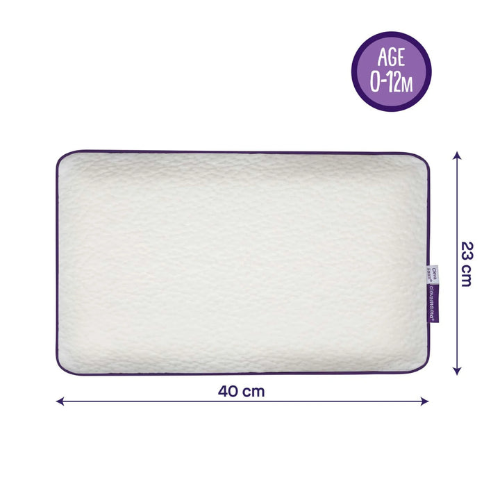 ClevaMama ClevaFoam Baby Pillow dimensions — 40 cm x 23 cm ergonomic memory foam baby pillow suitable for ages 0 to 12 months, designed for head and neck support, breathable and hypoallergenic with soft white cover and purple trim