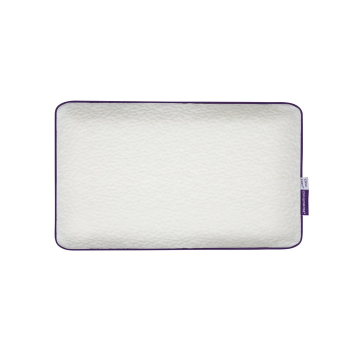 ClevaMama ClevaFoam Baby Pillow — supportive, breathable memory foam pillow for babies, designed to protect the round shape of baby’s head and provide ultimate comfort, with soft white cover and purple edge trim.