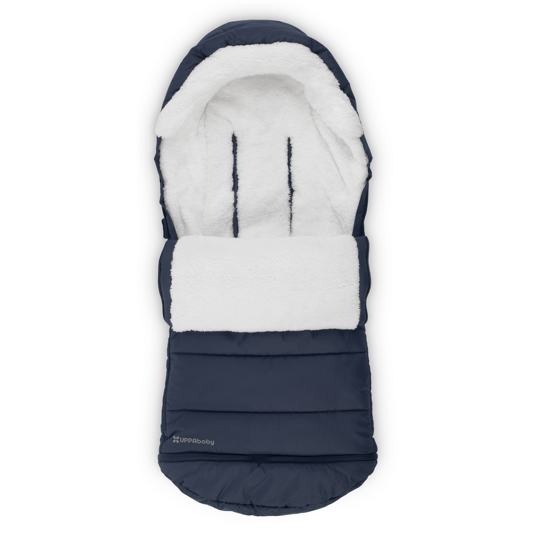 Product shot of the UPPAbaby CozyGanoosh in Noa, showcasing the fluffy, warm and soft inner liner in the navy Noa fashion