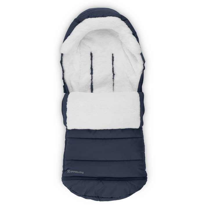 Product shot of the UPPAbaby CozyGanoosh in Noa, showcasing the fluffy, warm and soft inner liner in the navy Noa fashion