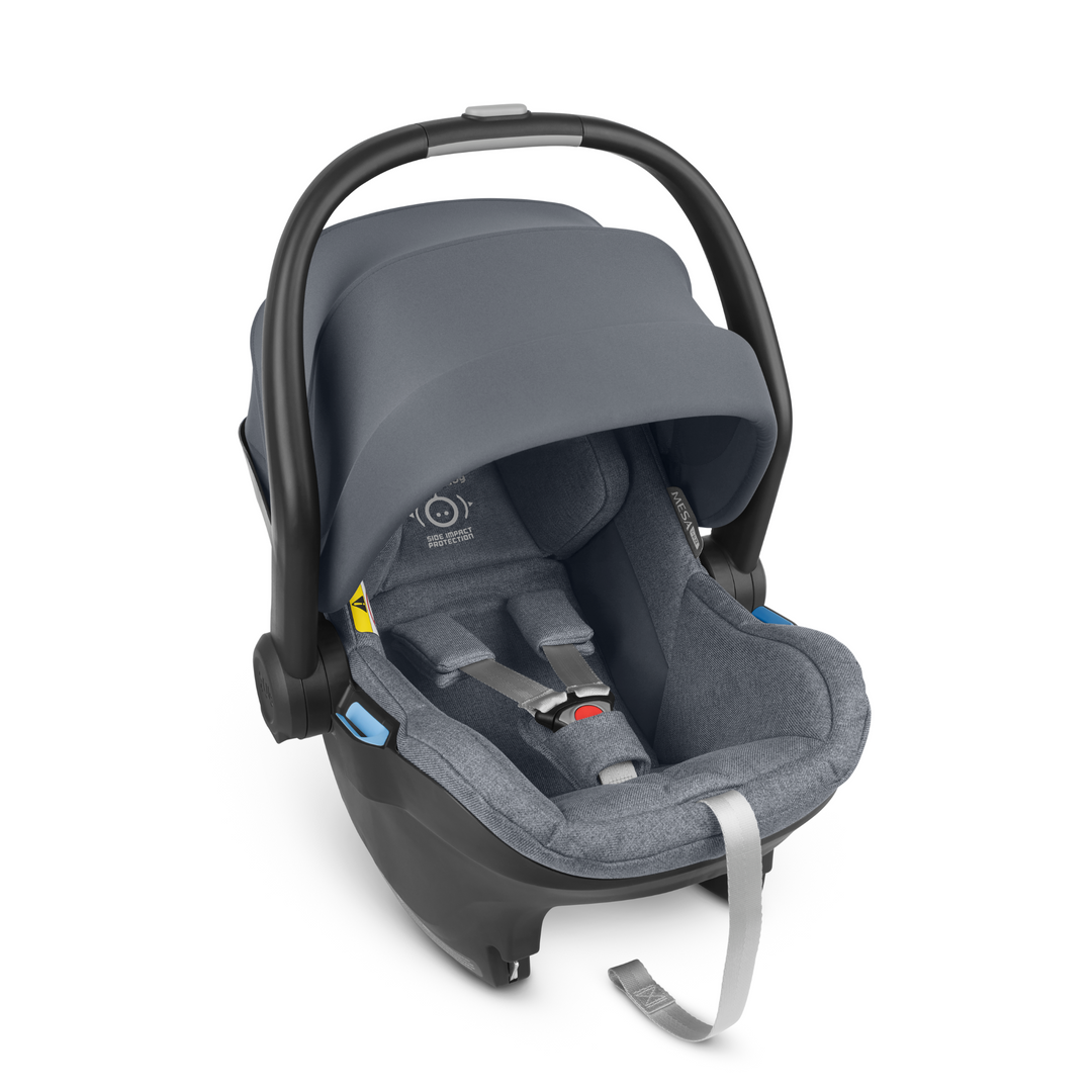 UPPAbaby Mesa iSize infant car seat with kid friendly fabrics and a UPF 25+ extendable canopy in Gregory. The canopy is extended fully