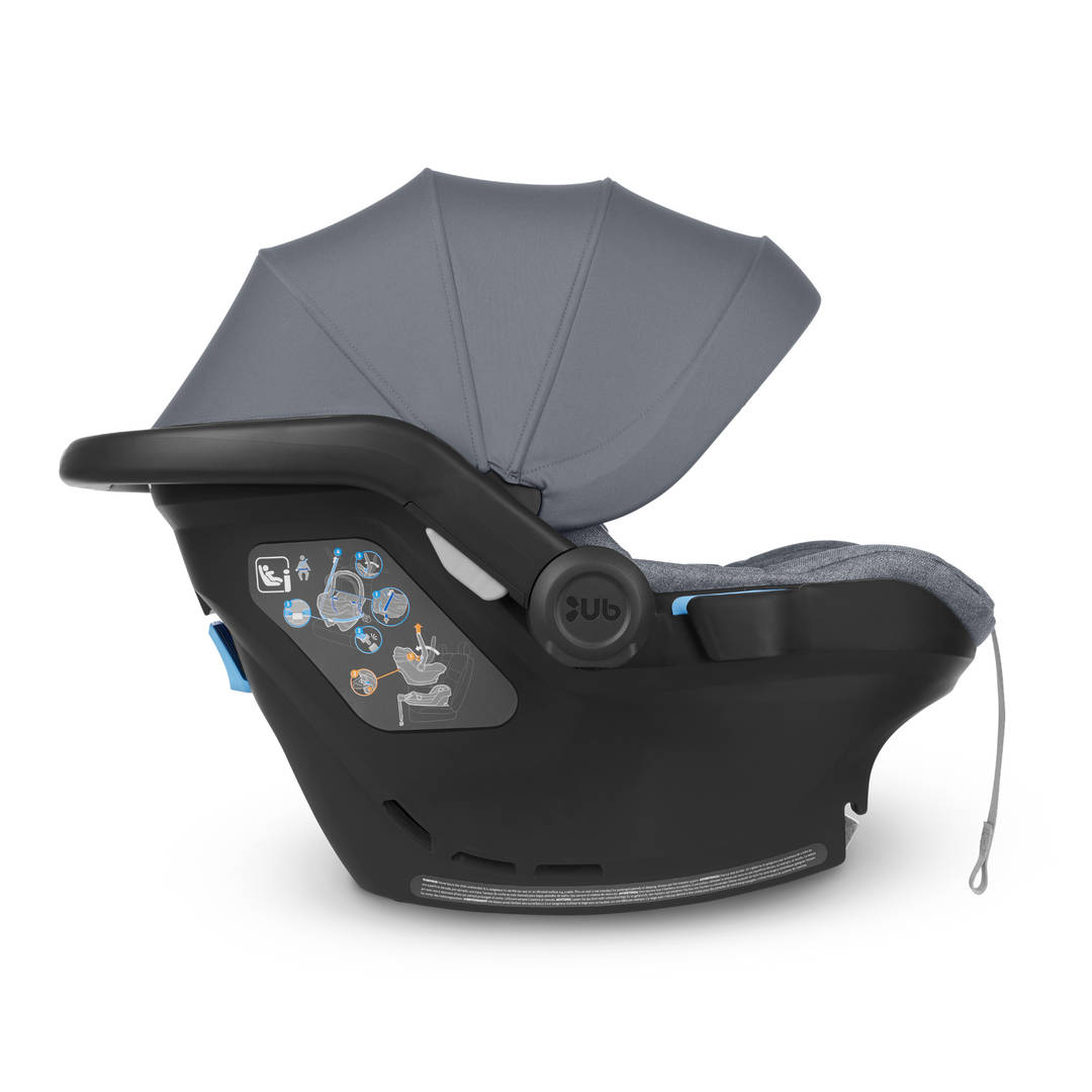 UPPAbaby Mesa iSize infant car seat with kid friendly fabrics and a UPF 25+ extendable canopy in Gregory. This is a side image of the car seat,