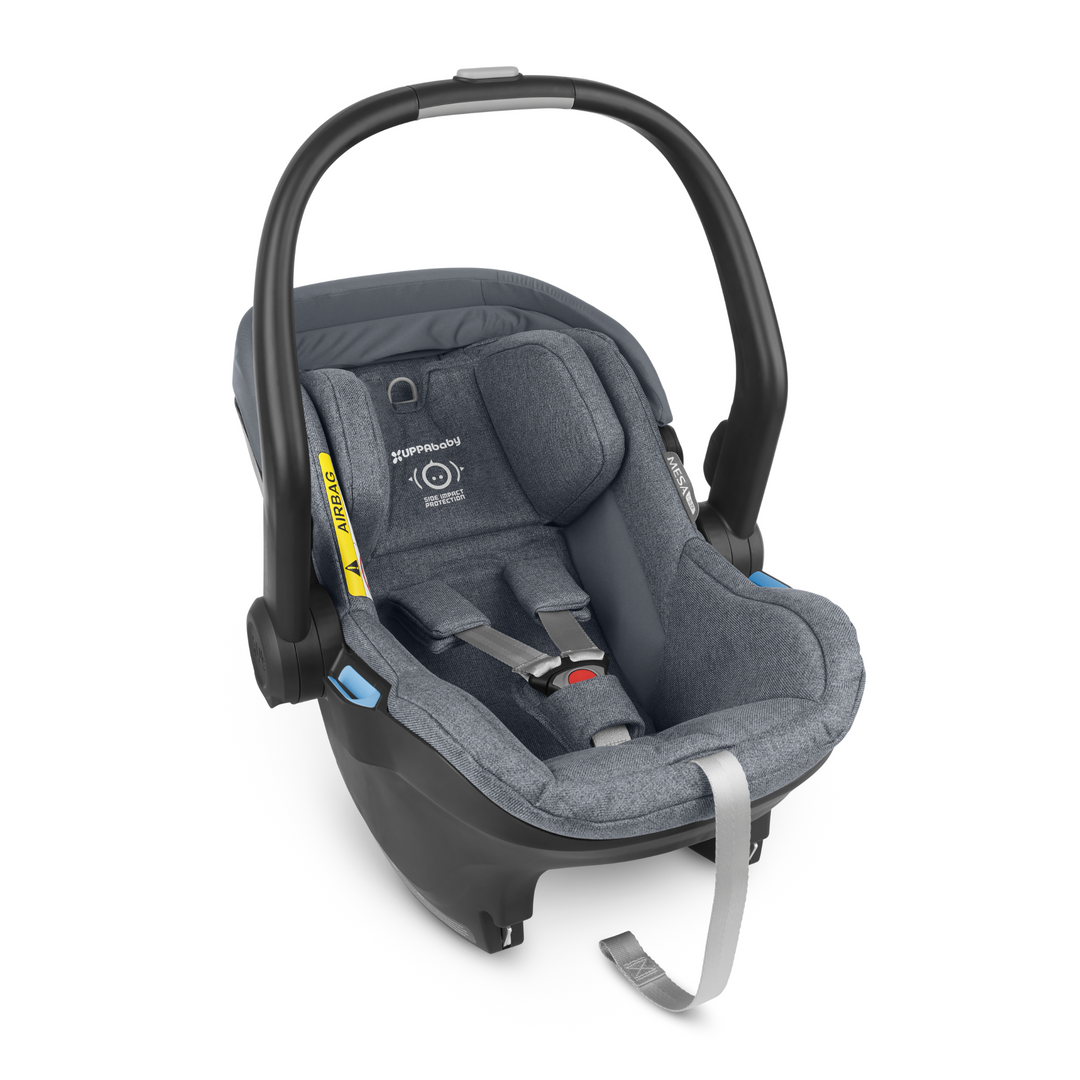 UPPAbaby Mesa iSize infant car seat with kid friendly fabrics and a UPF 25+ extendable canopy in Gregory. The canopy is fully retracted