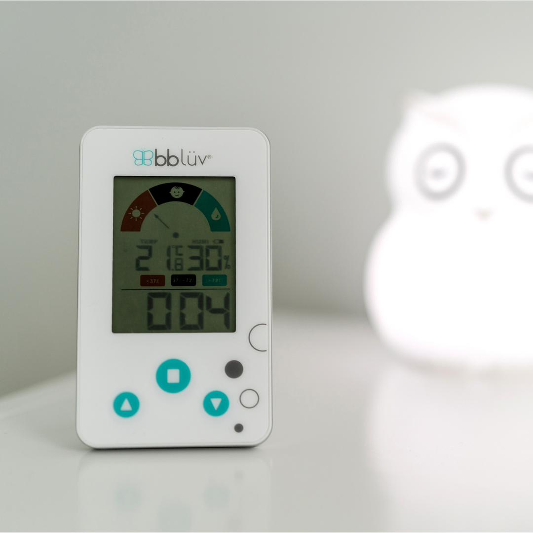 BBluv Igro thermometer and hydrometer on a bedside table