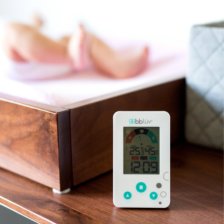 BBluv igro thermometer and hydrometer displayed on a dressing table