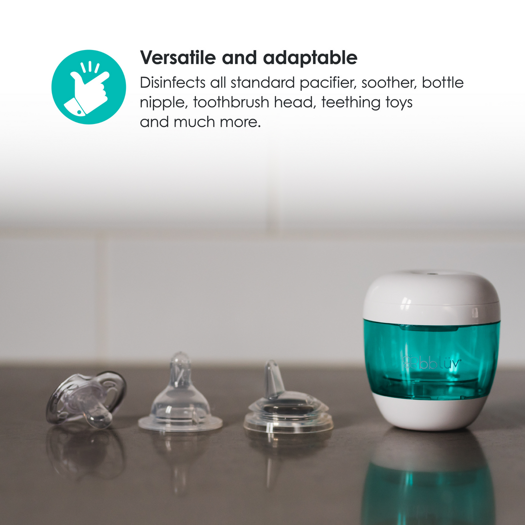 The BBLuv Uvi Portable Steraliser is versatile and adaptable. It disinfects all standard pacifier, soother, bootle nipple, toothbrush head, teething toys and much more.