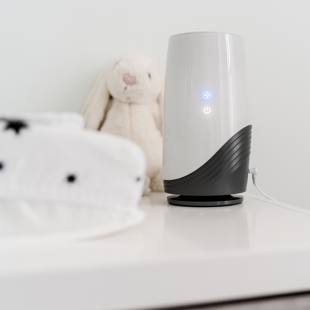 BBLuv Pure 3-in-1 air purifier with HEPA filter displayed on a dressing table
