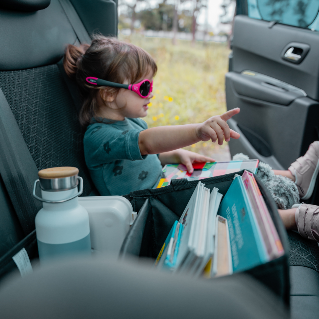 Car organiser caddy box in back seat of car holding water bottle, snacks and books.
