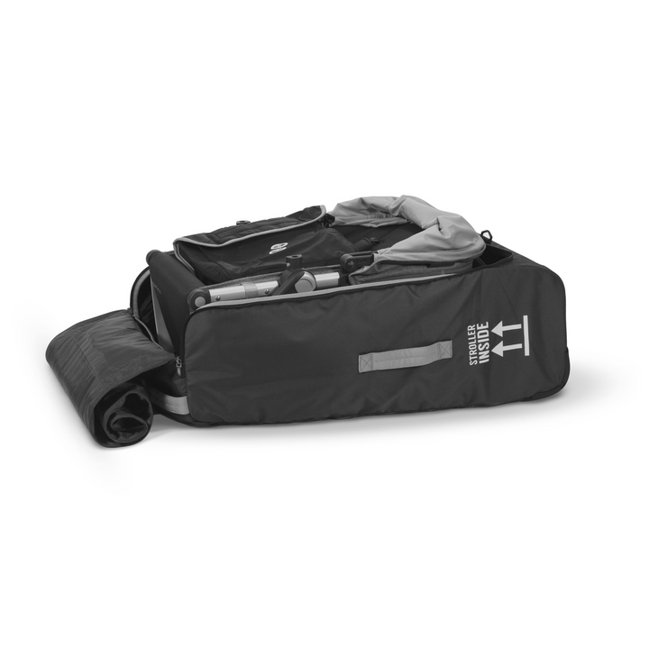 This is a product image of the Vista stroller correctly folded and positioned in the travel bag