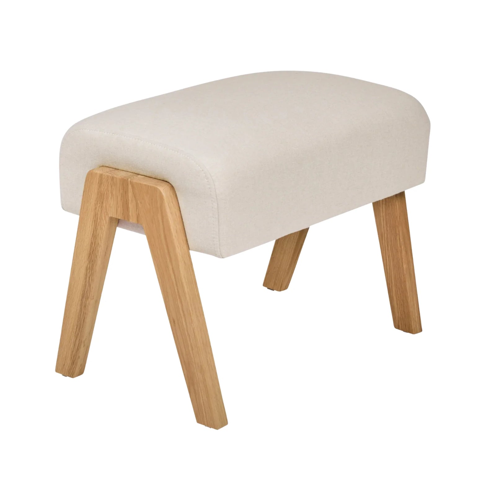 Hera cushioned footstool with oak A-frame legs on white background.
