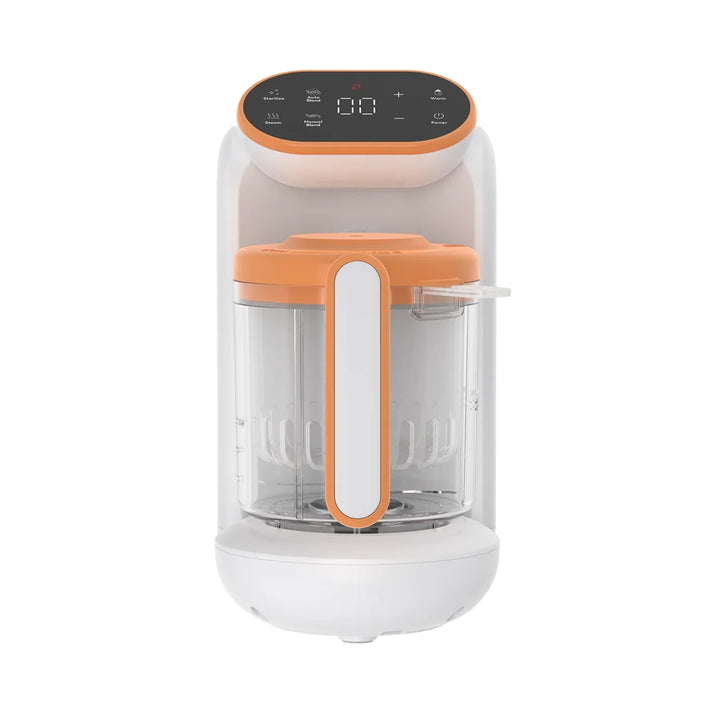 Quook by Quark 5-in-1 baby food maker and steamer — multifunctional baby food processor with digital touch control, blending, steaming, warming and sterilising features in sleek white and orange design — new 2025 model for healthy homemade baby meals