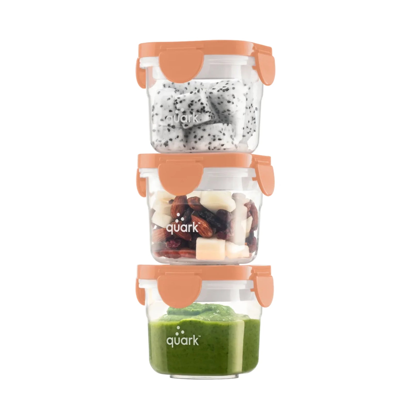 Storri stackable food storage containers by Quark Baby — airtight, BPA-free glass jars with silicone lids for baby food, snacks, and meal prep.