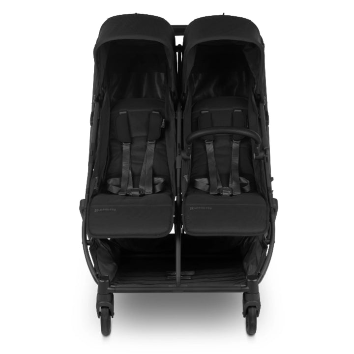 UPPAbaby MINU Duo double stroller front view in black with two seats on white background