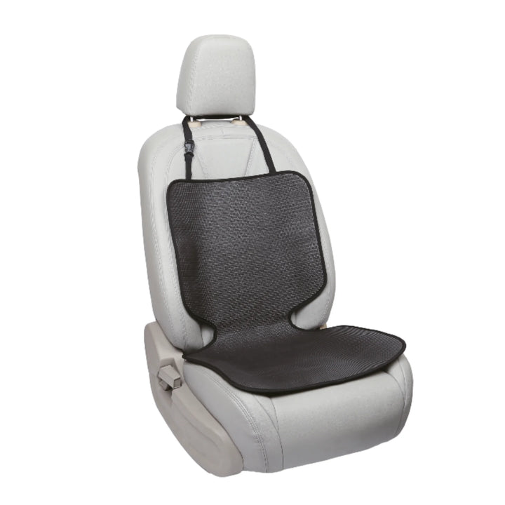 Black car seat protector on a grey car seat.