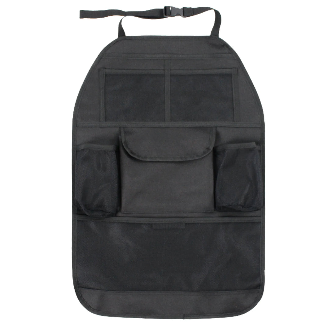 Black car seat back organiser featuring multiple mesh pockets, a central zip pocket, and an adjustable strap, designed for keeping kids’ essentials tidy during car journeys.