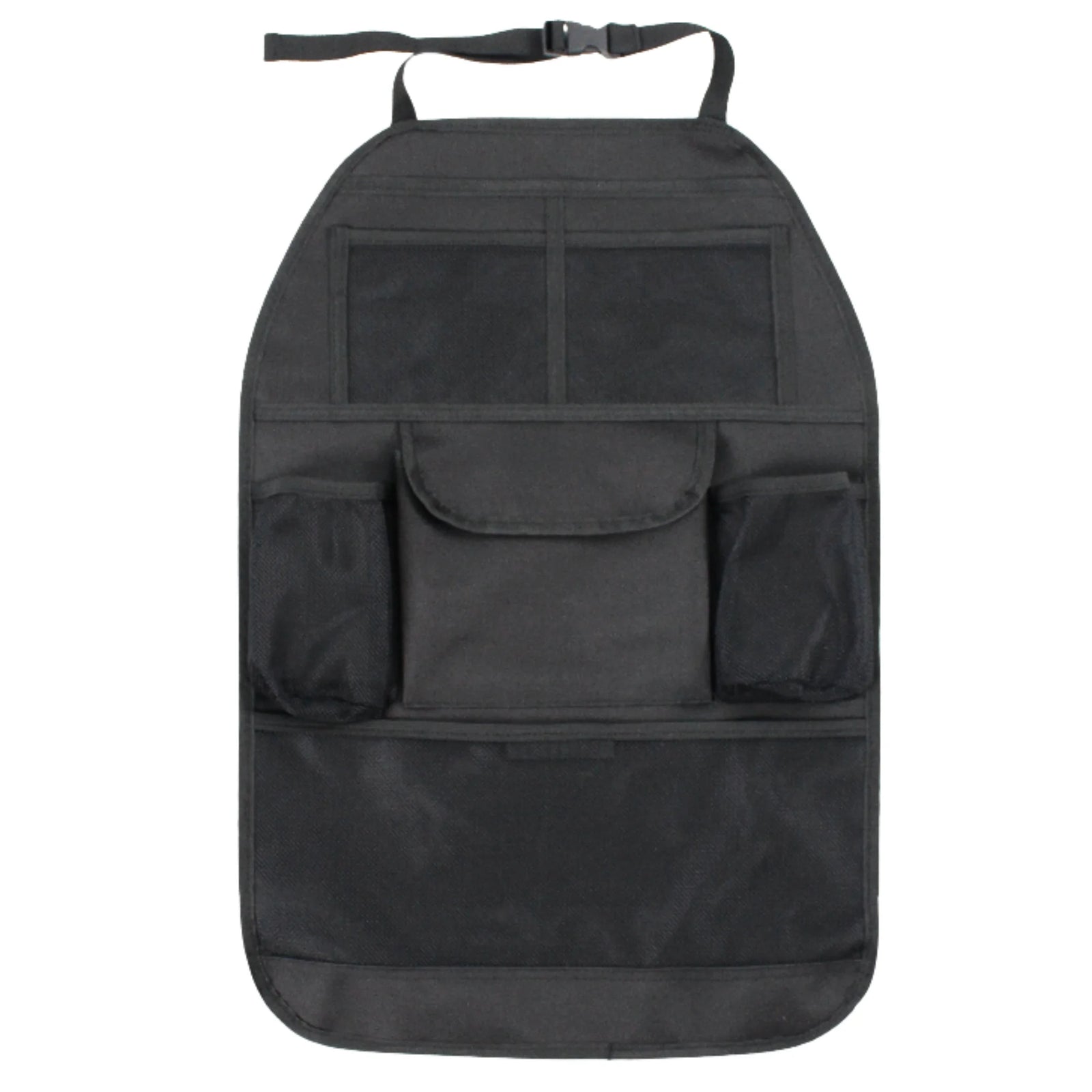 Black car seat back organiser featuring multiple mesh pockets, a central zip pocket, and an adjustable strap, designed for keeping kids’ essentials tidy during car journeys.