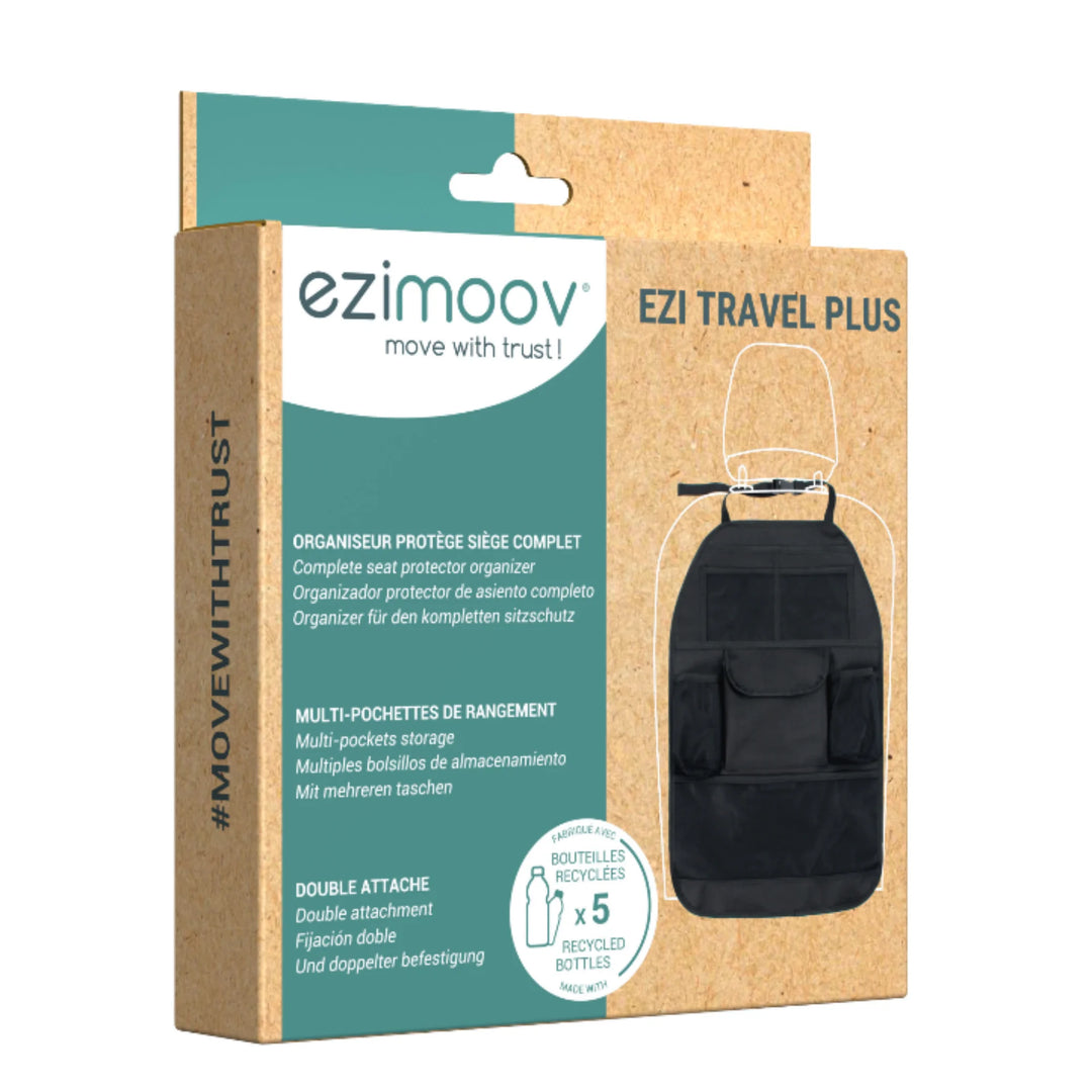 Eco-friendly recycled cardboard packaging for the EziMoov EZI Travel Plus car seat back organiser. The box displays the organiser’s multi-pocket storage design, complete seat protection benefits, and branding, highlighting that it is made using recycled bottles—ideal for families seeking sustainable car travel accessories.
