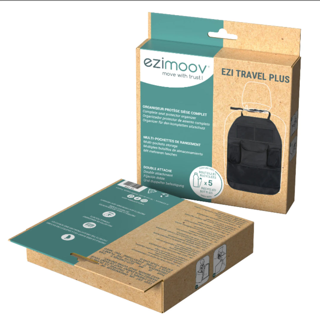 Eco-friendly cardboard packaging for the EziMoov EZI Travel Plus car seat back organiser, displayed with product image, multi-pocket storage details, and branding. The box highlights recycled materials and illustrates the organiser designed for children’s travel storage, car seat protection, and family road trips.