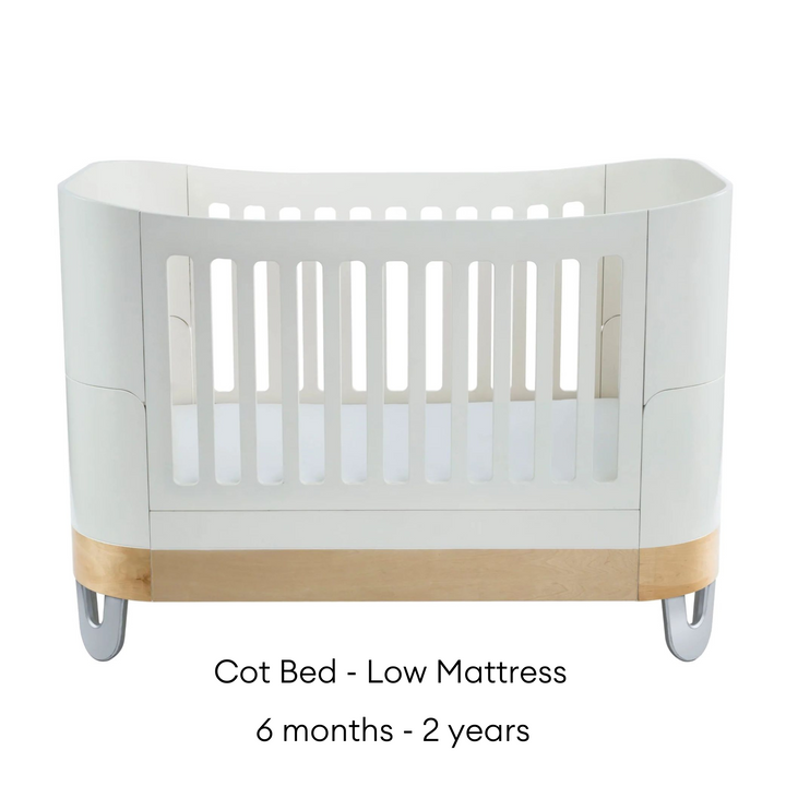 Serena Cot Bed White and Natural low mattress 6 months to 2 years