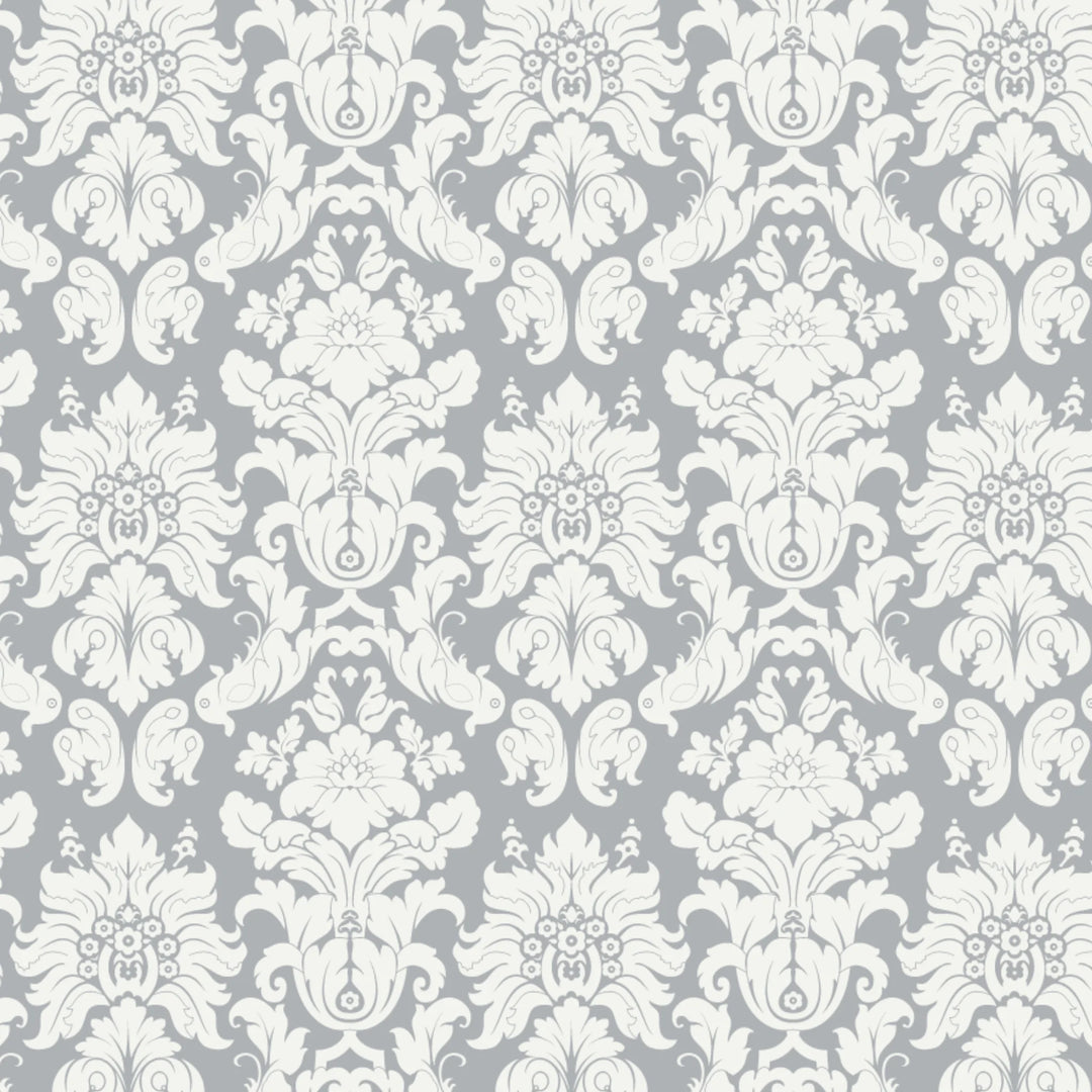 Close-up fabric swatch of the Bebe au Lait Chateau Silver print, featuring an elegant grey and white damask pattern used on the Bebe au Lait Complete Nursing Pillow and matching accessories.