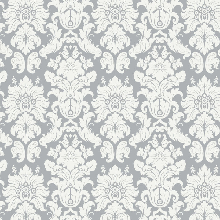 Close-up fabric swatch of the Bebe au Lait Chateau Silver print, featuring an elegant grey and white damask pattern used on the Bebe au Lait Complete Nursing Pillow and matching accessories.