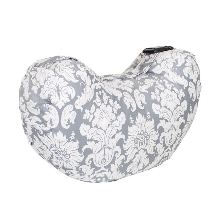 Bebe au Lait Complete Nursing Pillow in Chateau Silver, shown in a studio image featuring the ergonomic C-shaped design with grey and white damask print, supportive structure for breastfeeding, bottle feeding and infant positioning.