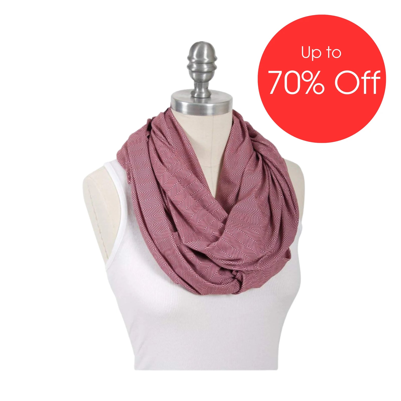 Bebe Au Lait Infinity Nursing Scarf in Marsala herringbone print displayed on mannequin, multifunctional breathable breastfeeding cover and stylish infinity scarf shown with ‘Up to 70% Off’ sale badge.