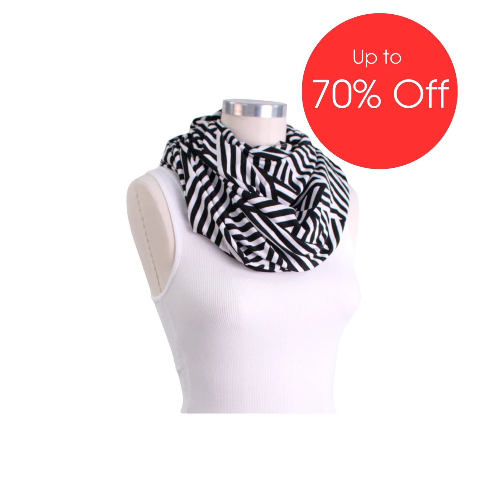 Bebe Au Lait 5-in-1 Nursing Scarf in Knightsbridge black-and-white geometric print displayed on mannequin, multifunctional breastfeeding cover and infinity scarf featured with ‘Up to 70% Off’ sale badge.