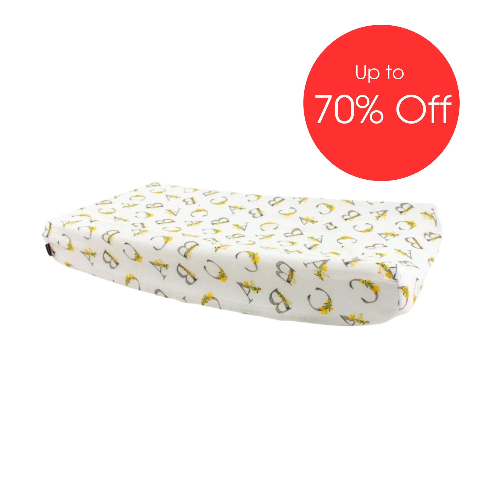 Bebe Au Lait muslin changing pad cover in floral print featuring soft breathable cotton with yellow flower illustrations, premium fitted baby changing mat cover displayed with ‘Up to 70% Off’ sale badge.