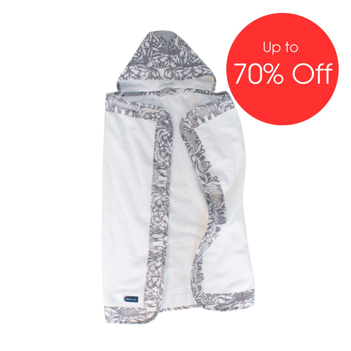 Bebe Au Lait plush hooded baby towel in Woodland print featuring soft white terry cloth with grey forest-themed trim and hood, premium absorbent hooded towel displayed with ‘Up to 70% Off’ sale badge.