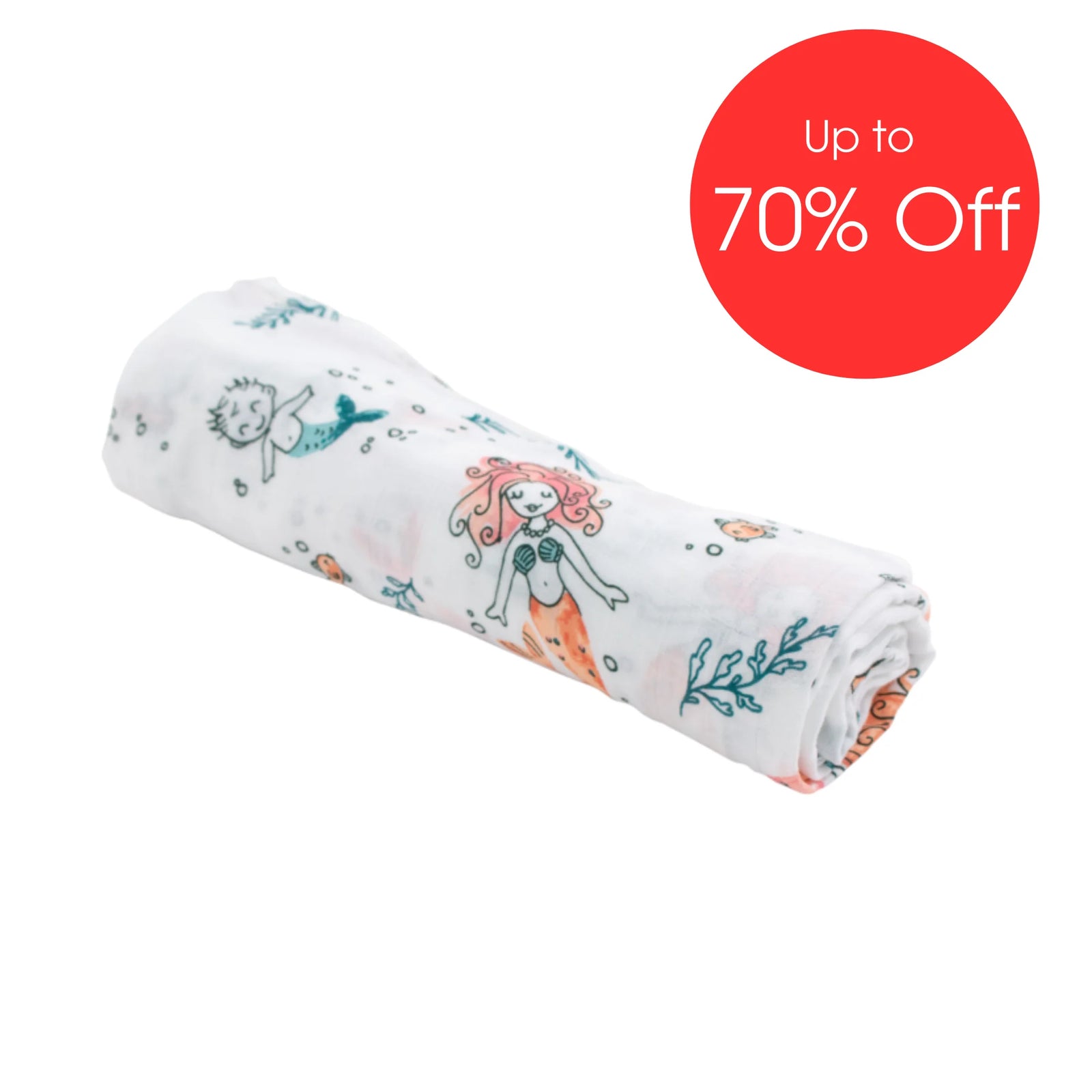 Bebe Au Lait muslin baby blanket in Mermaid print featuring whimsical mermaid and ocean-themed illustrations, soft breathable cotton swaddle blanket displayed rolled with ‘Up to 70% Off’ sale badge.