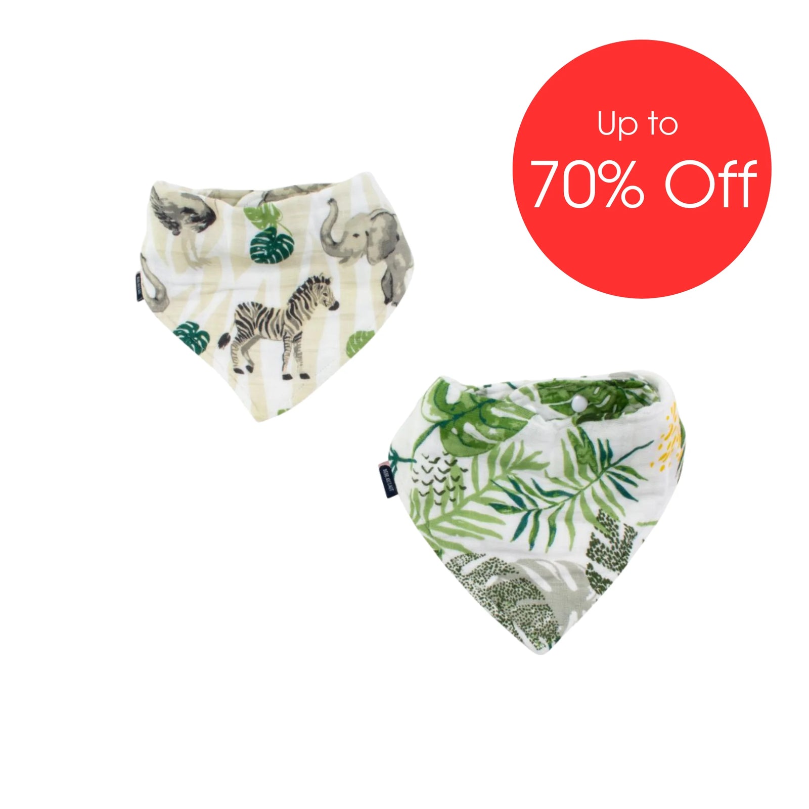 Bebe Au Lait muslin bandana bib set in Jungle Rainforest prints featuring elephants, zebras and lush green foliage, ultra-soft absorbent baby dribble bibs displayed with ‘Up to 70% Off’ sale badge.