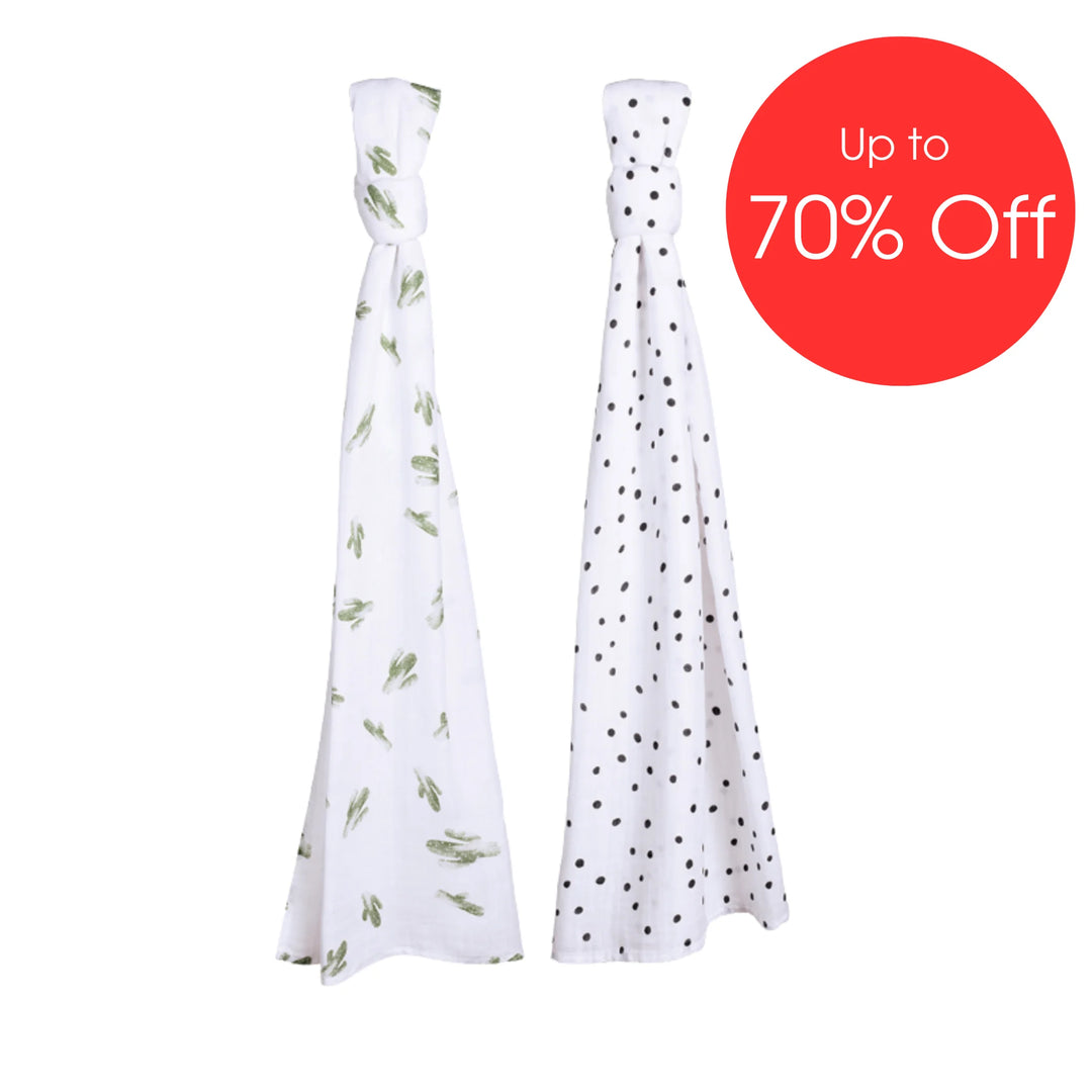 Bebe Au Lait muslin blanket set in Saguaro and Dottie prints, ultra-soft breathable swaddle blankets featuring green cactus pattern and black polka dots, displayed with ‘Up to 70% Off’ sale badge.