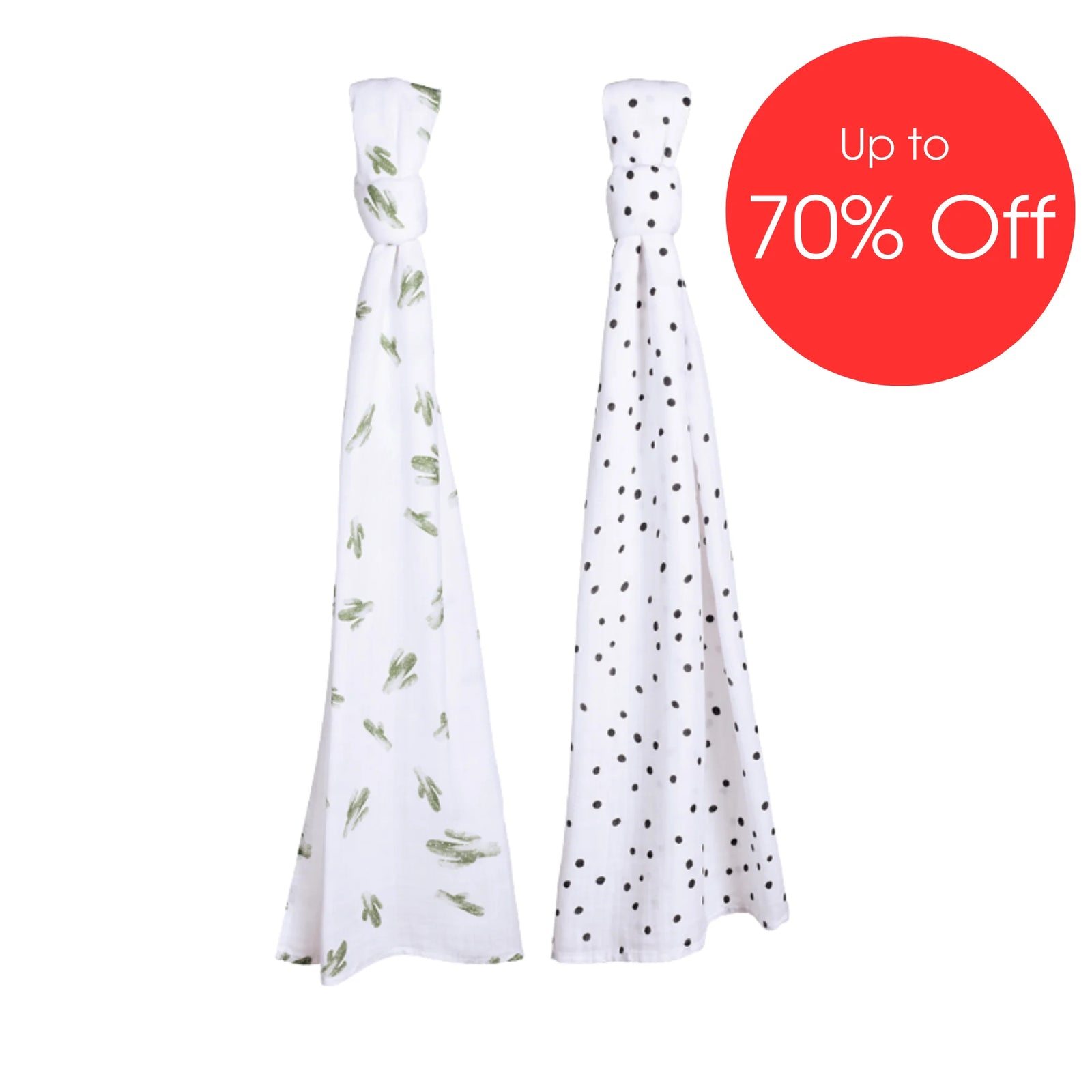 Bebe Au Lait muslin blanket set in Saguaro and Dottie prints, ultra-soft breathable swaddle blankets featuring green cactus pattern and black polka dots, displayed with ‘Up to 70% Off’ sale badge.