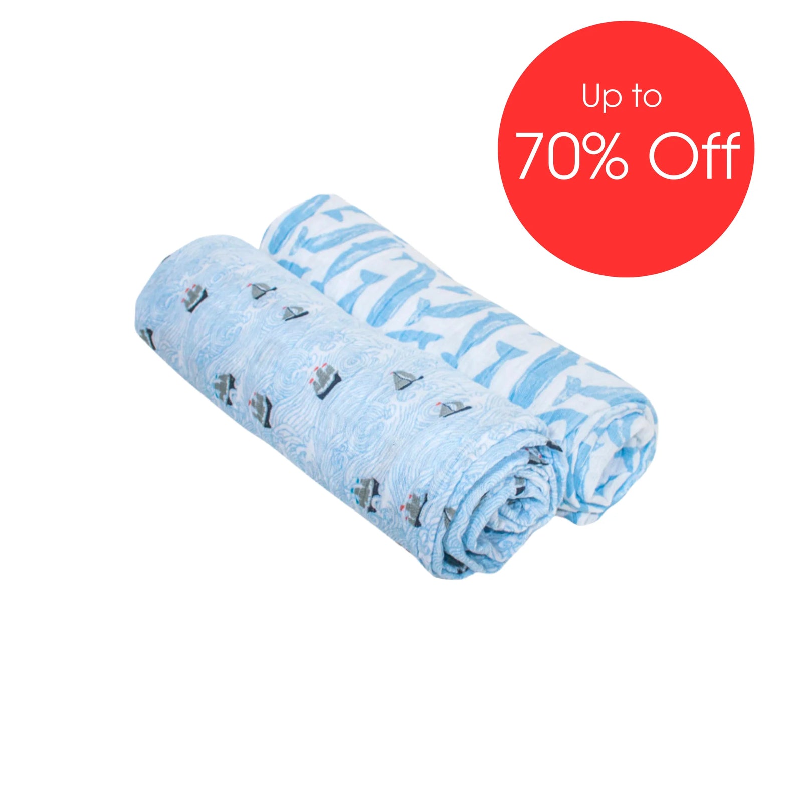 Bebe Au Lait muslin swaddle blanket set in High Seas Moby designs, featuring soft breathable blue nautical whale and sailboat prints, premium baby swaddles displayed with ‘Up to 70% Off’ sale badge.