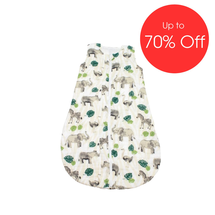 Bebe Au Lait muslin baby sleep sack in High Seas Moby jungle-animal print featuring elephants, zebras and greenery, lightweight breathable wearable blanket shown with ‘Up to 70% Off’ sale badge.