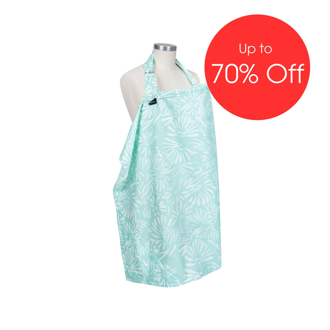 Bebe Au Lait Acapulco nursing cover in mint floral print displayed on mannequin, breathable adjustable breastfeeding cover featured with ‘Up to 70% Off’ sale badge.