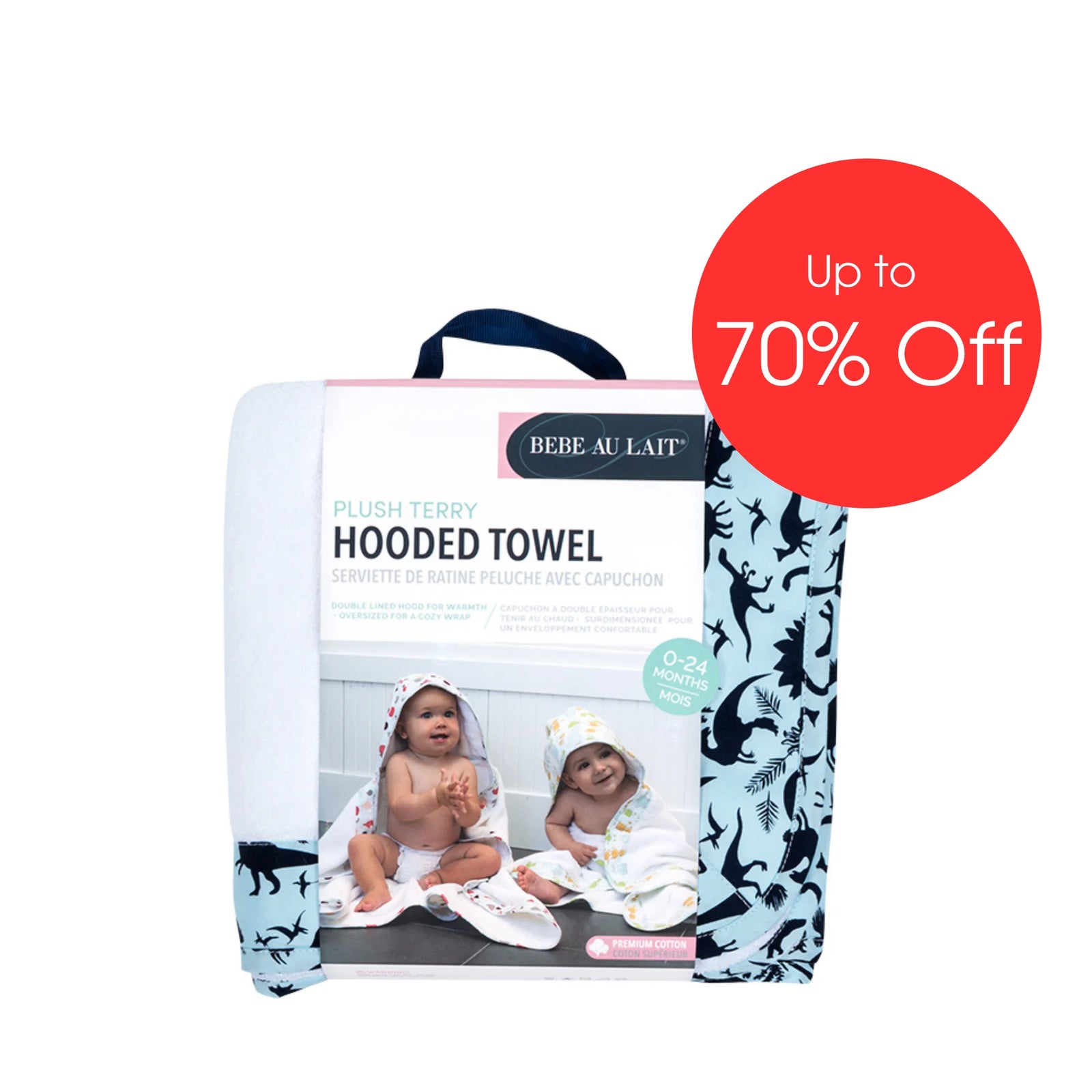 Bebe Au Lait plush terry hooded towel packaging featuring two babies wrapped in soft hooded towels, displayed with a blue dinosaur print design, premium cotton material, and a bold ‘Up to 70% Off’ sale badge.