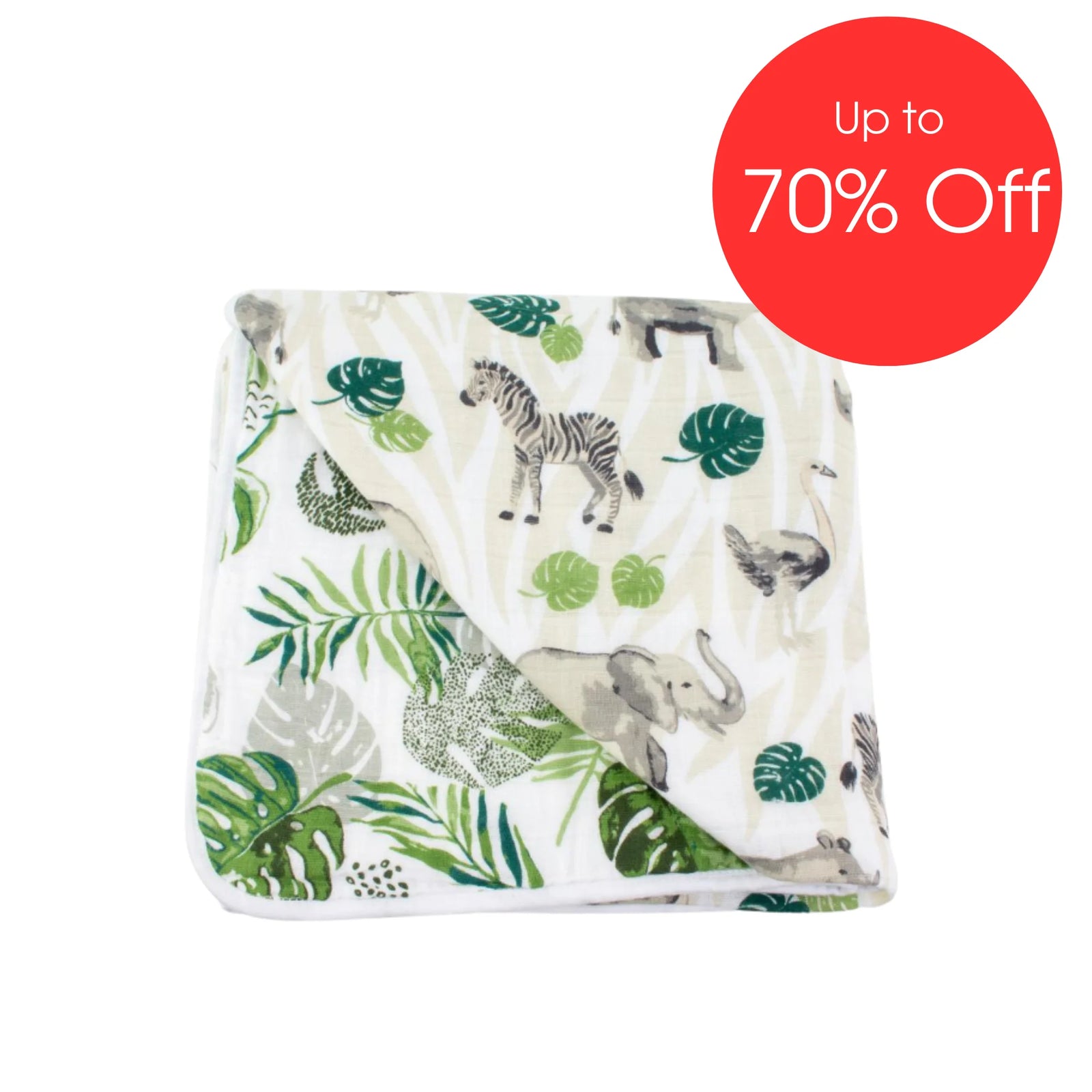 Bebe Au Lait snuggle blanket in Jungle Rainforest print featuring soft premium muslin with elephants, zebras and lush green foliage, cozy multi-layer baby blanket displayed with ‘Up to 70% Off’ sale badge.