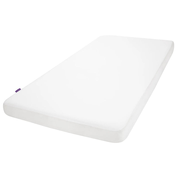 ClevaMama cotton waterproof mattress protector on a baby mattress, breathable fitted cot mattress cover with soft brushed cotton and elasticated edges, shown on a white background.