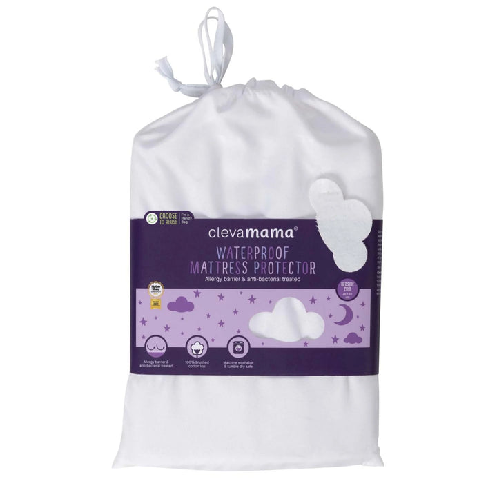 ClevaMama waterproof mattress protector packaged in a white drawstring bag with purple branding, showing features like allergy barrier, antibacterial treatment, and 100% brushed cotton for baby mattresses.