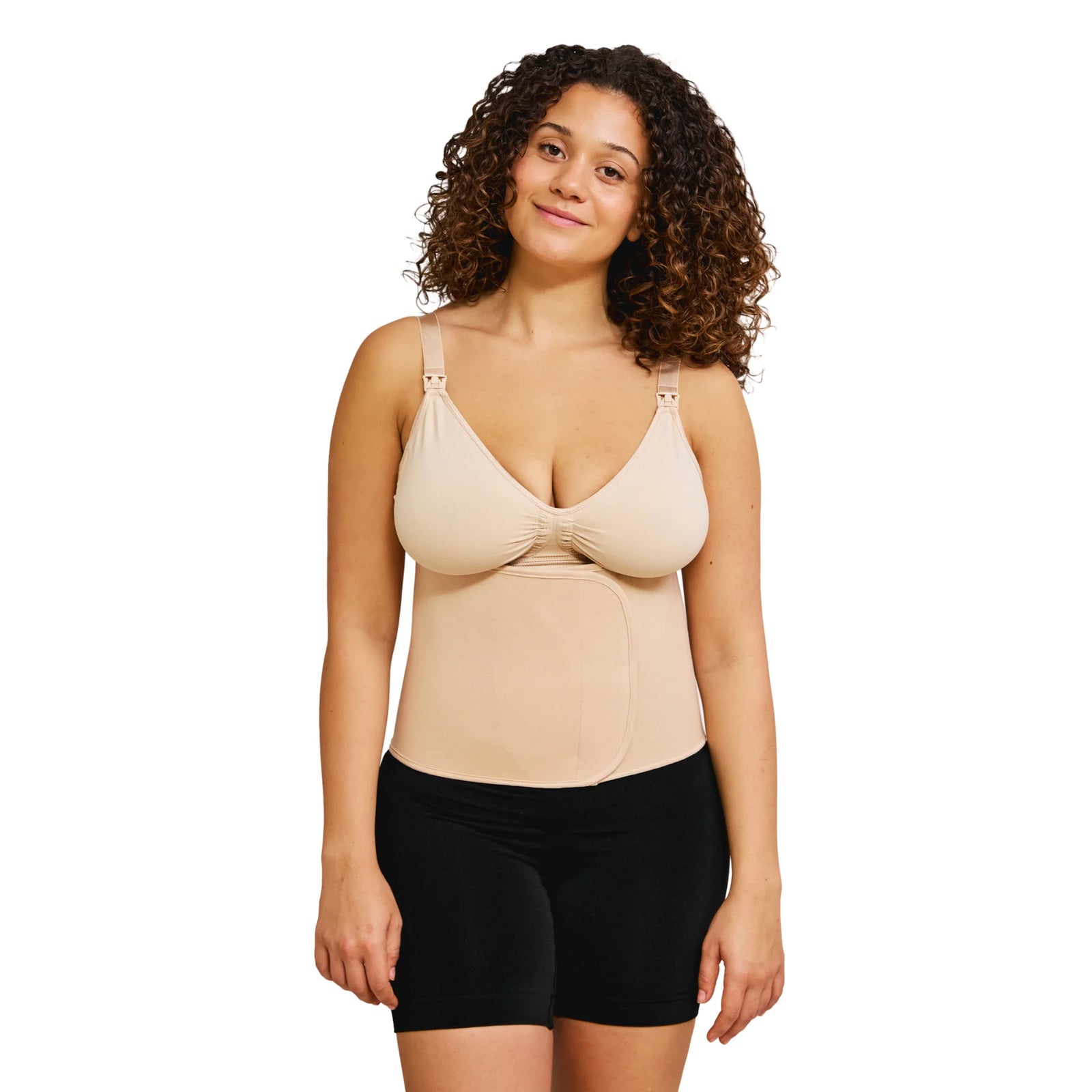 Front view of Carriwell honey-coloured belly binder with nursing bra, showing seamless postpartum abdominal support, adjustable compression and comfortable shaping for recovery after pregnancy.