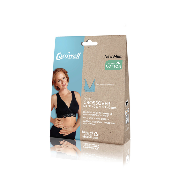 This image shows the front of the box of the Carriwell Crossover Sleeping Nursing Bra