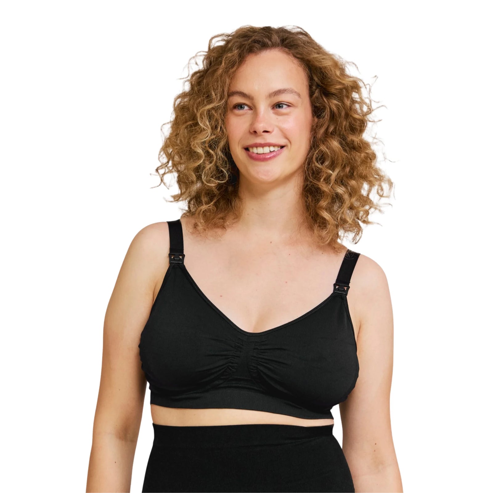 Woman wearing black Carriwell Gel Support breastfeeding bra on a white background.