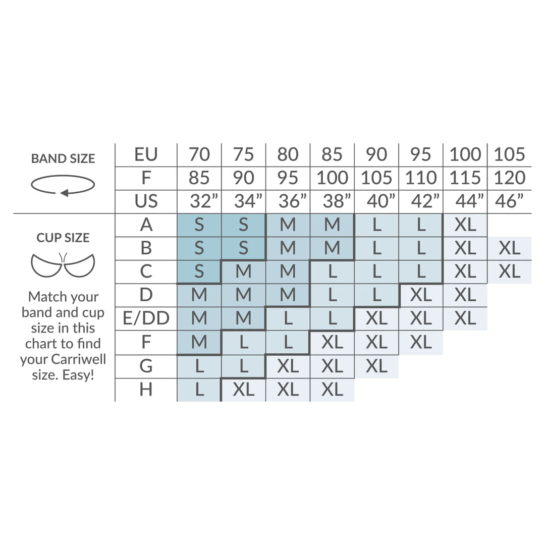 Size chart for the Carriwell Gel Support Bra.