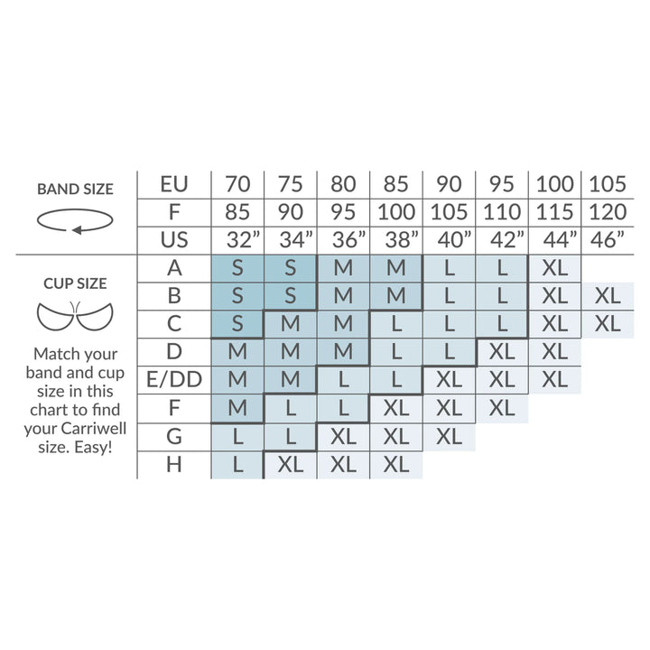 Size chart for the Carriwell Gel Support Bra.