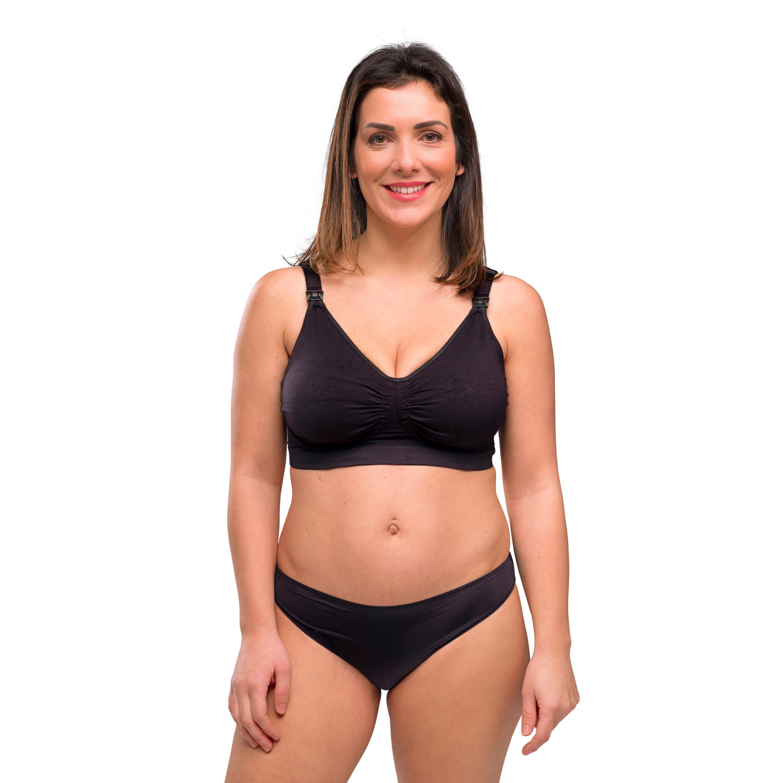 This is an image of the Carriwell Gel Support Bra on a smiling mum.