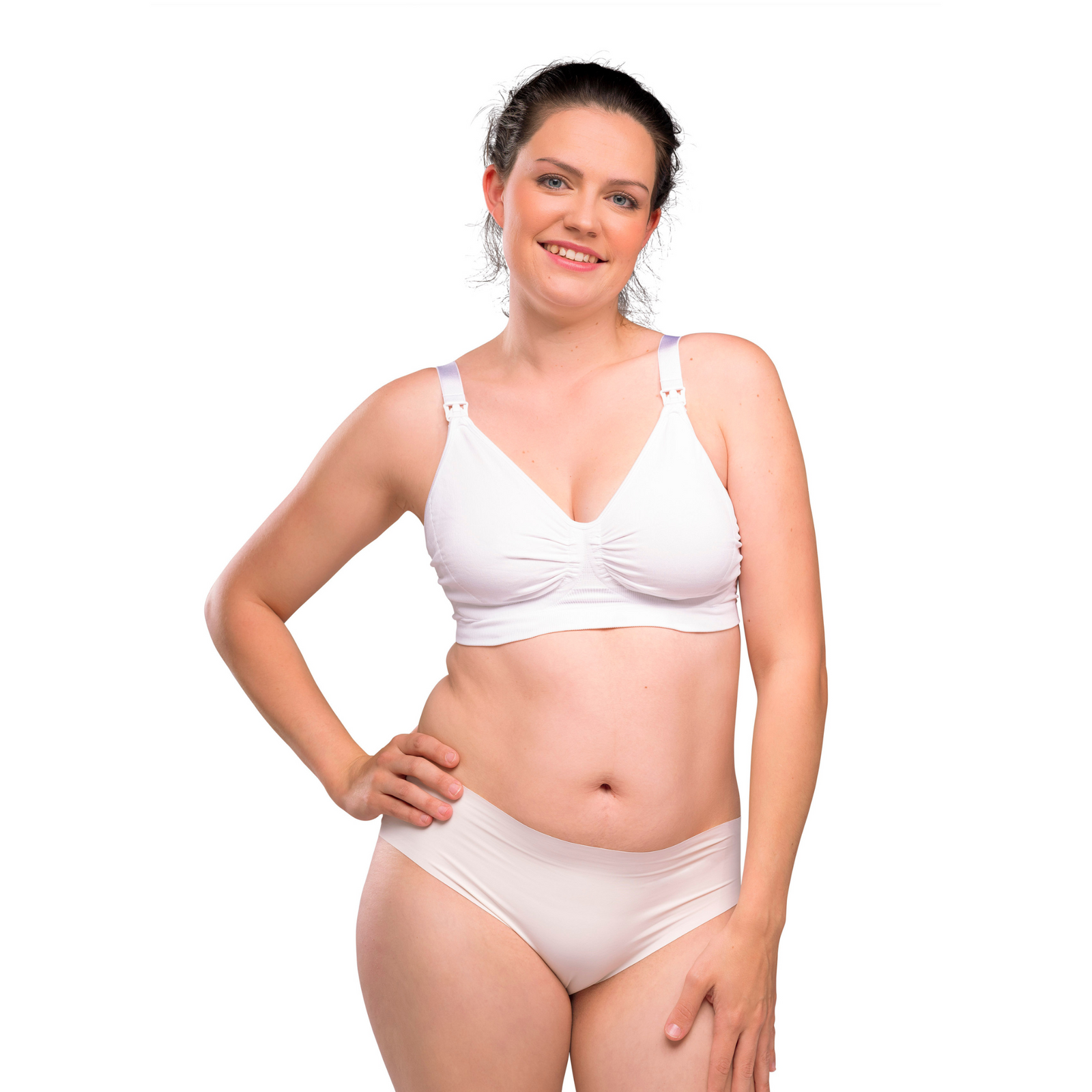 This is an image of the white Carriwell Gel Support Maternity and Nursing Bras on a model.
