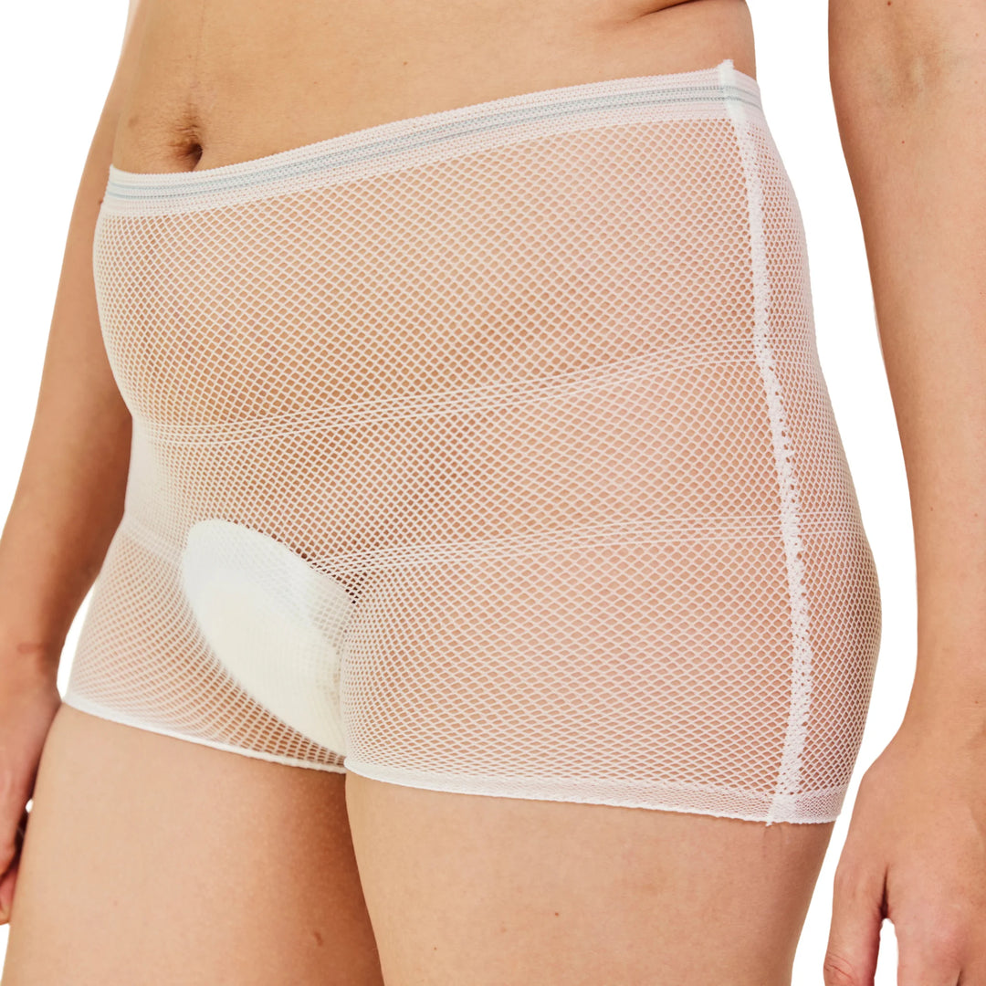 Carriwell hospital pants for post-birth recovery, featuring breathable white mesh maternity underwear with built-in pad support for comfort after labour and delivery.